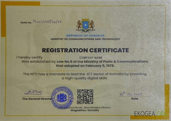 Certificat d'enregistrement en Somalie